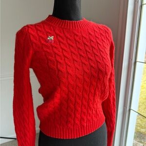 J.Crew 100% Cashmere Red Cable-Knit Crewneck Sweater Cherry Embroidery XS/S